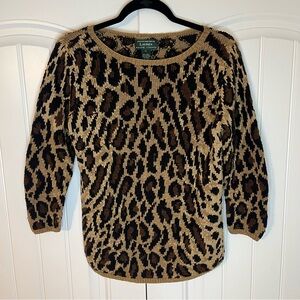 Lauren Ralph Lauren Leopard Print Crewneck Sweater in Black and Tan
